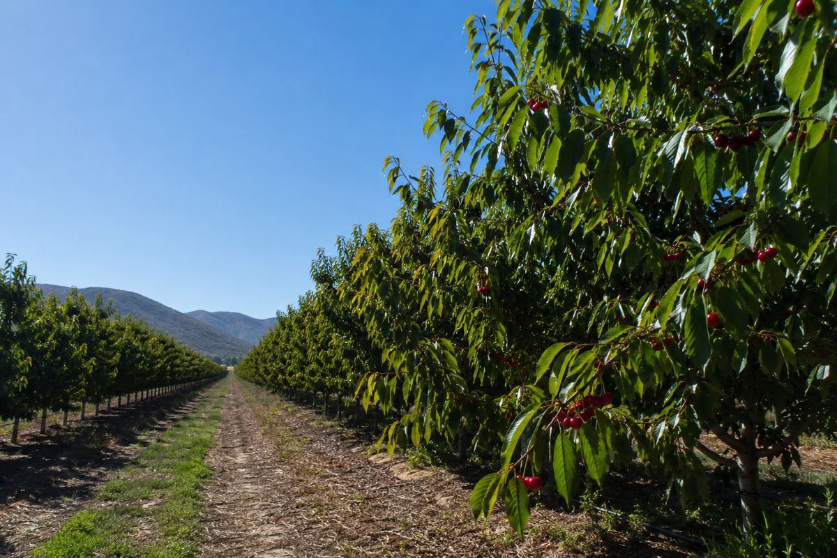 Hileras de cerezos en producción en un campo de Garces Fruit, al pie de la cordillera.